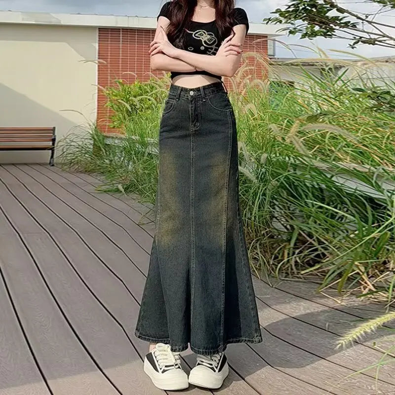 2026 Vintage Denim Spring New High Waist Slimming Mid Length A-line Fish Tail Wrapped Buttocks Skirt for Women