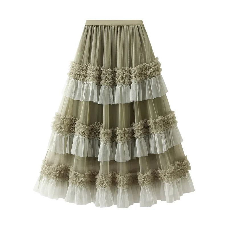 Autumn and Winter New Color Scheme Fashionable Dress for Women Big Swing Yarn Skirt Sweet Lace Pleated Edge Dancing Skirt 1391