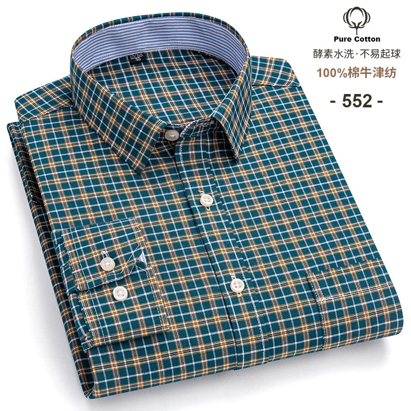 Men's Long Sleeve Plaid Oxford Shirt - 100% Cotton Button-Down