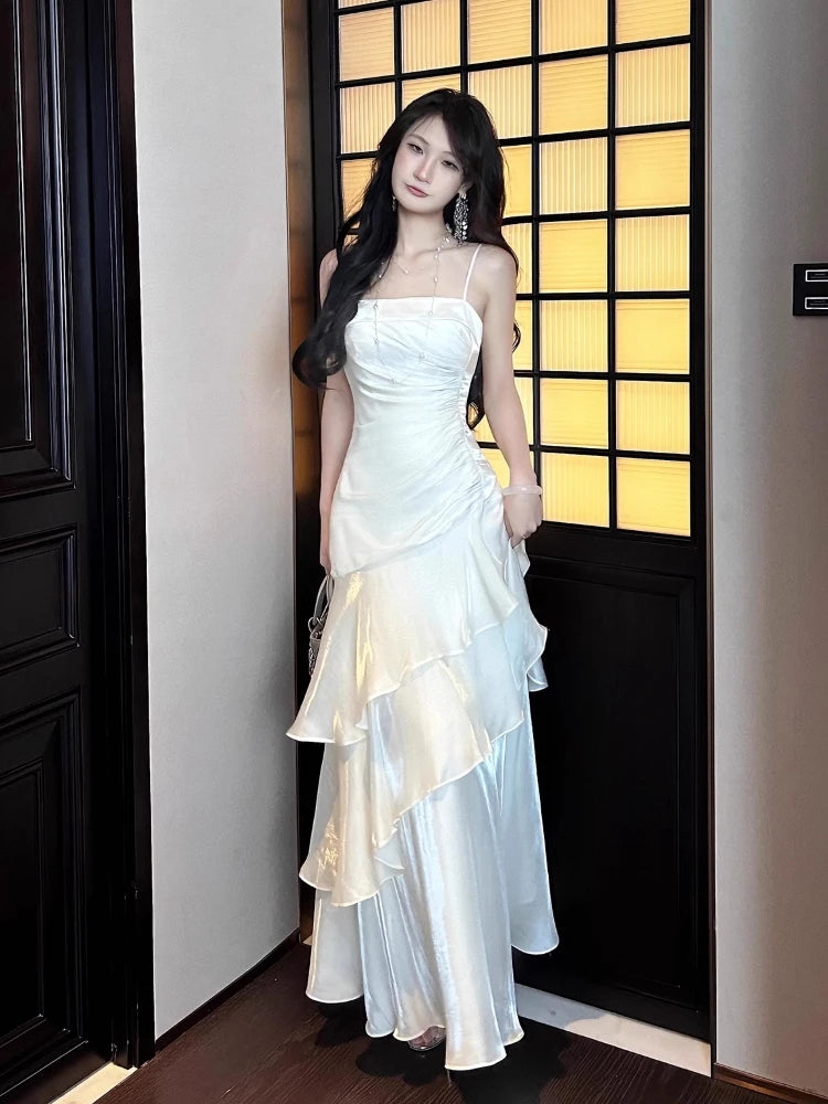 Elegant Women French Spaghetti Strap New Long Dresses Female Slim Chic Party Prom Robe Fashion One Piece Clothing Spring Summer