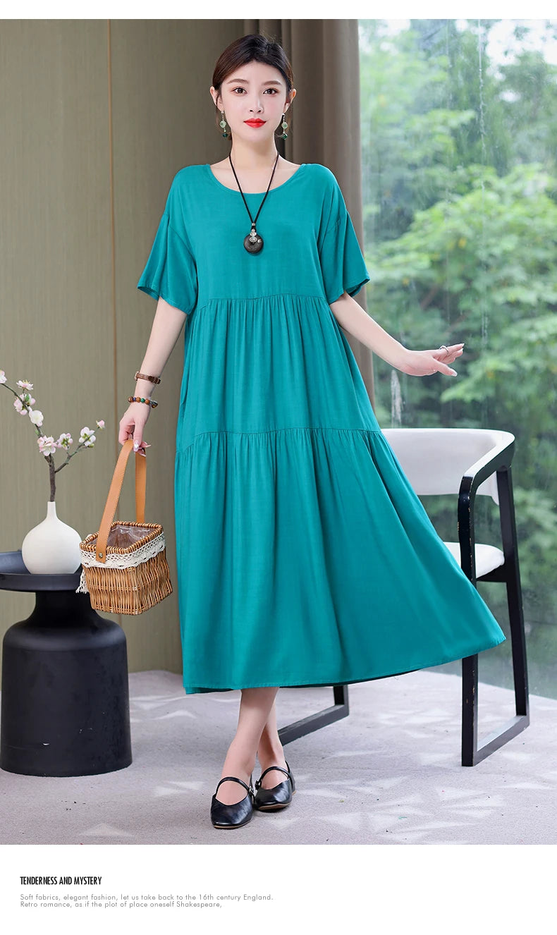 New Fashion 2023 Causal Summer Dresses For Women Loose Solid Long O-neck Dress Vintage Short Sleeve Womens Clothing