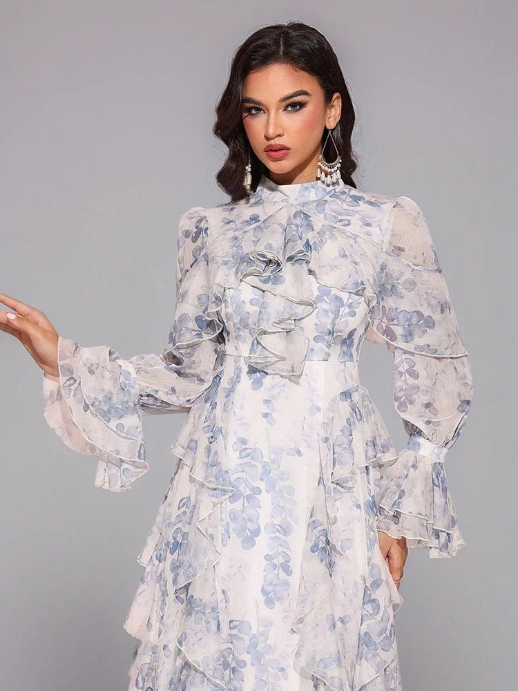 TOLEEN Womens Frill Trim Flowy Long Dress With Random Floral Print, Elegant,Party Dress,Gown,Formal,Evening Wedding Guest Spring