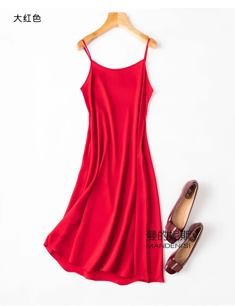 Tcyeek Women Silk Dress 93%Silk 7%Spandex Spaghetti Strap Mid Dresses 2024 Summer New Clothes Blue