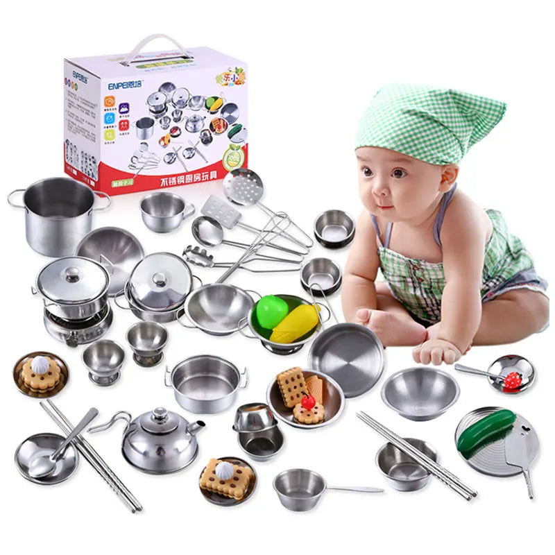 Juego de utensilios de cocina MINI de juguete para niños y niñas de acero inoxidable, pueden guardar alimentos, juguetes de cocina educativos de juego de imitación
