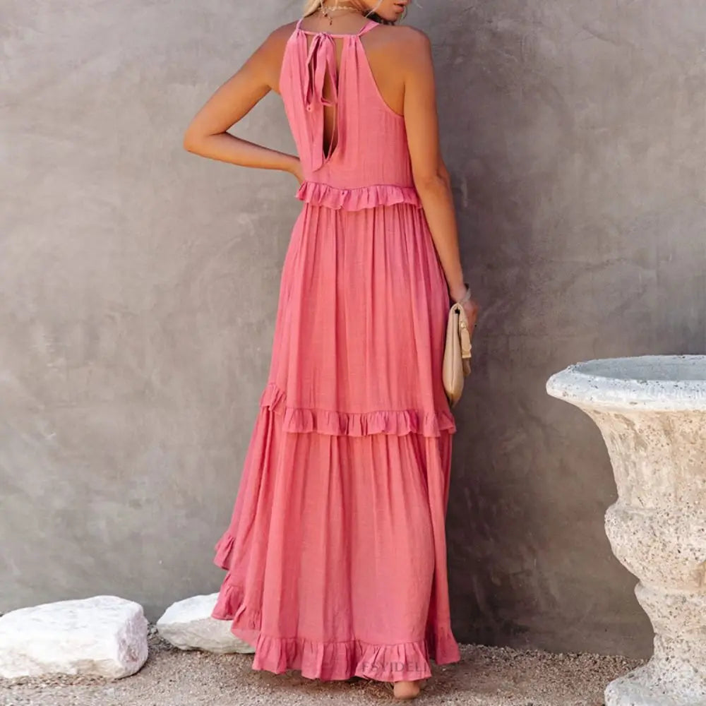 Bohemian Style Women Ruffles Long Dress Sleeveless Solid Color Smocked Halter Maxi Dress Layered design Loose Fit Halter Dress