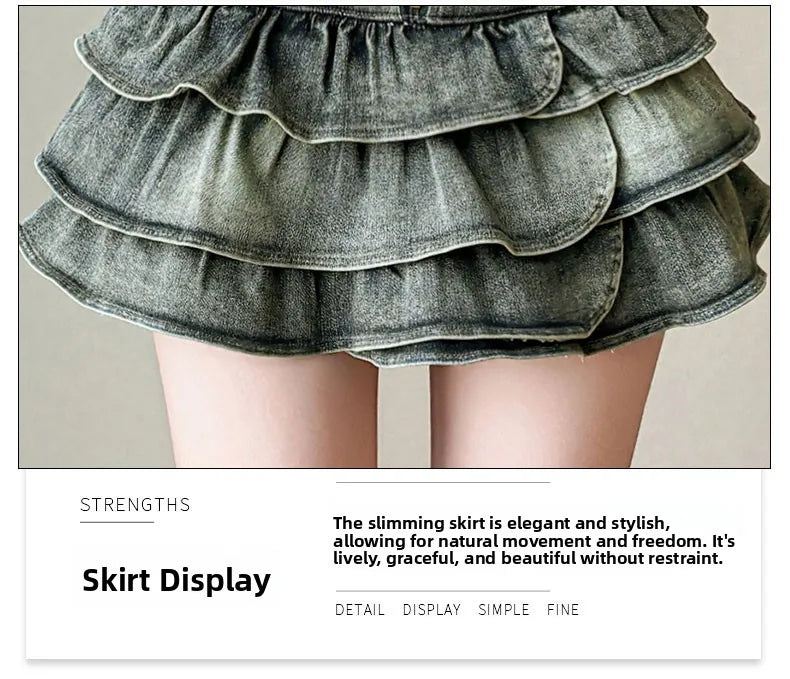 American Style Spicy Girl Design Elastic Denim Cake Short Skirt Women's Summer Pure Desire High Waist Slimming Pleated  S...