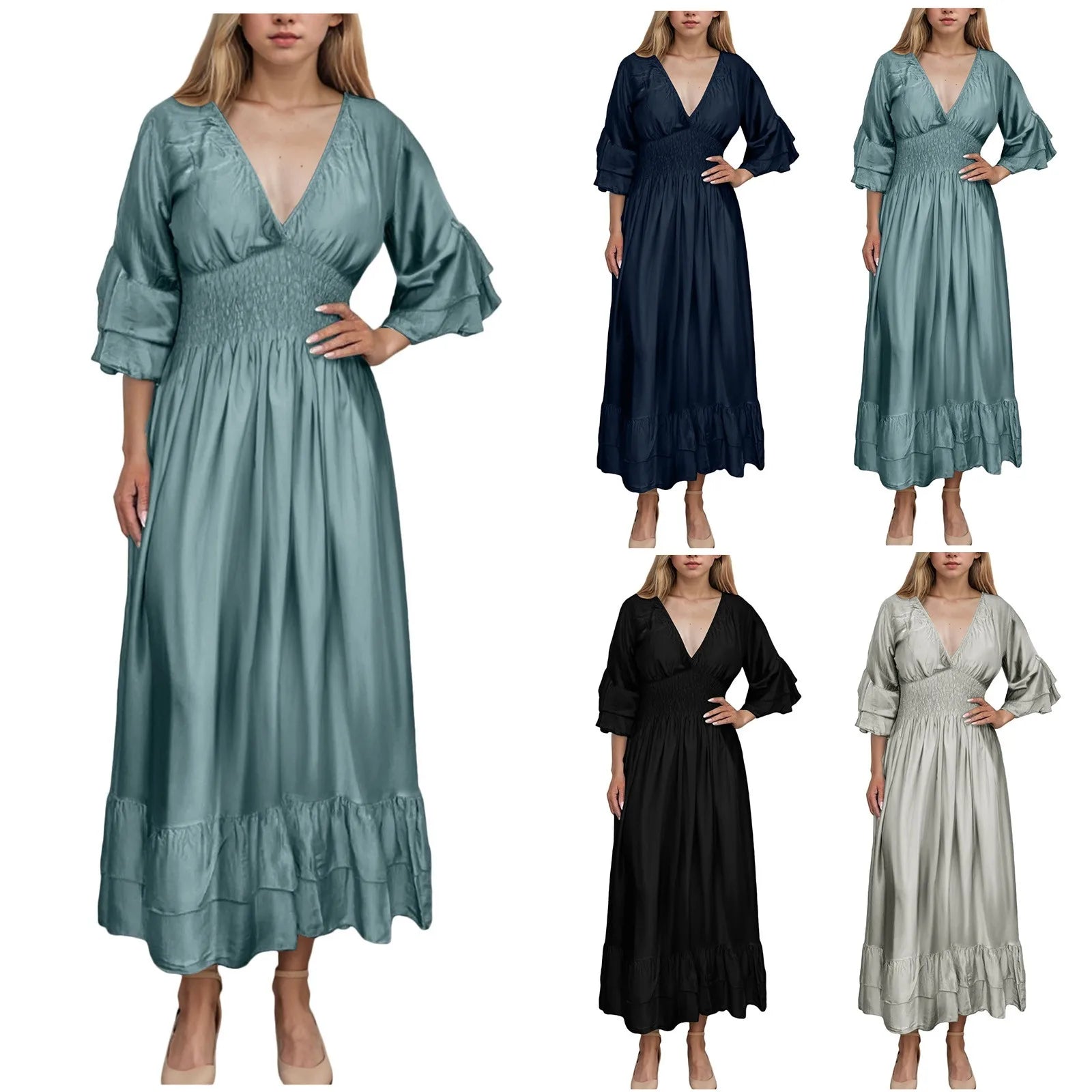 Womens Work Dresses Business Casual Women Sexy V Neck Ruffle 3/4 Sleeve Dress Casual Loose Ruffle Tiered Womens Sweater Dress