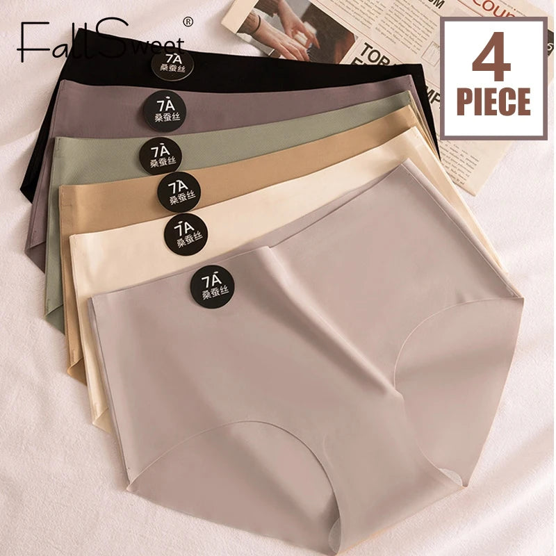 Falllsweet 4Pcs Women Seamless Silk Panties Soft Thin Female Underwear Sexy Mid-Rise Briefs Ice Silk Underpants Lingerie M-2XL