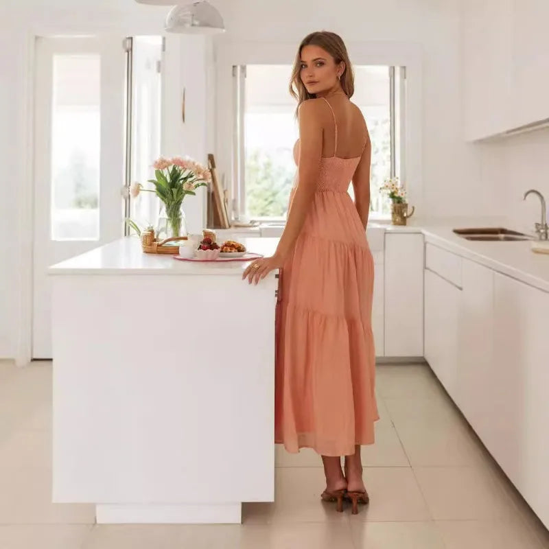 Women Spaghetti Strap Front Tie Tiered Flowy Backless Maxi Dress