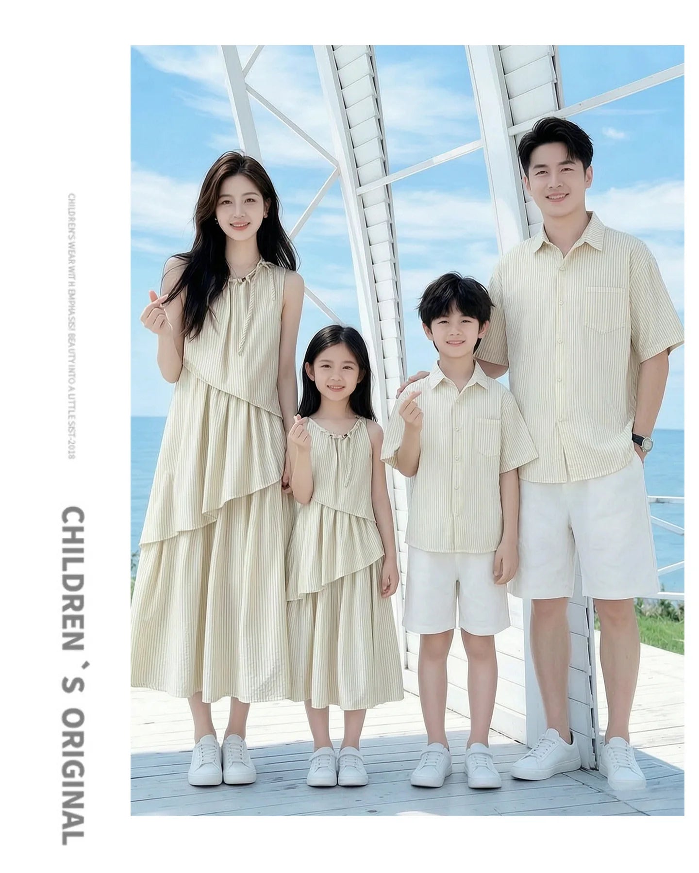 Mommy and Me Clothes Striped Print Family Matching Outfits Holiday Look Button Shirt Ruffles Dress Casual Clothing Set Beachwear