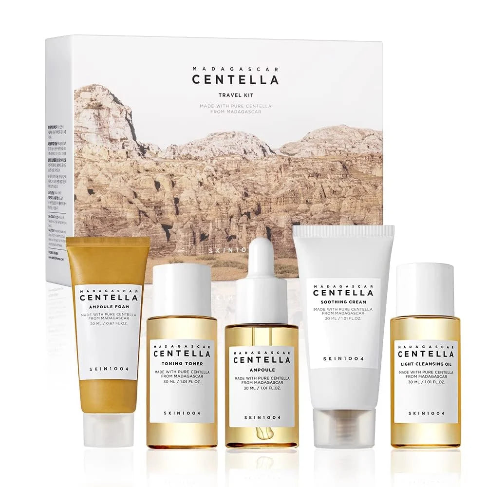 Korean Madagascar Centella Travel Kit, Toner, Ampoule, Soothing Cream, Cleansing Oil, Ampoule Foam, Basic Skincare Mini 5pcs