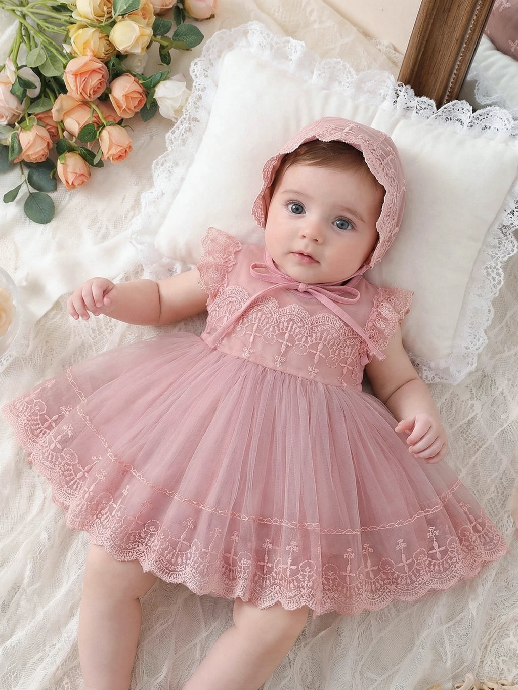 Baby Girl 0-2 Years Old Baby Wine Red Baptism Dress,Lace Net Skirt,Princess Dress,Wedding Flower Girl Dress,Birthday,With Hat