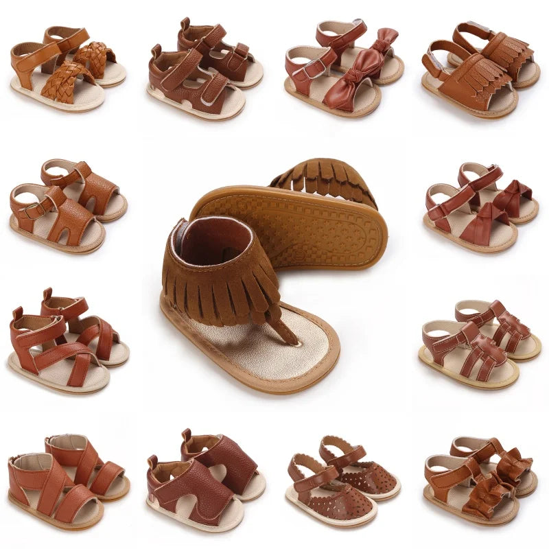 Brown Summer 0-18M Newborn Sandals Cute Bow Soft Rubber Sole Anti Slip Breathable Baby's First Pair Of Walking Shoes