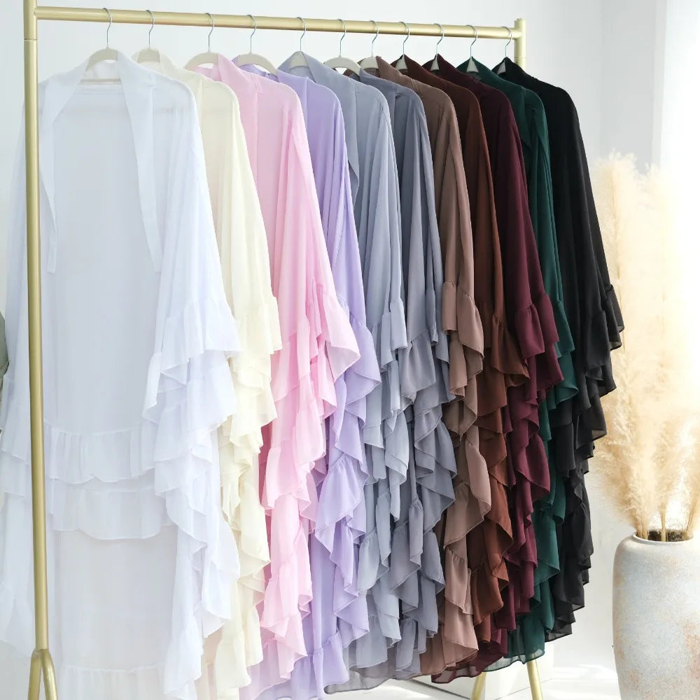 Ruffled Long Chiffon Muslim Abaya Solid Color One-piece Ramadan Khimar Abaya Headscarf Prayer Dress Dubai Saudi Black Robe
