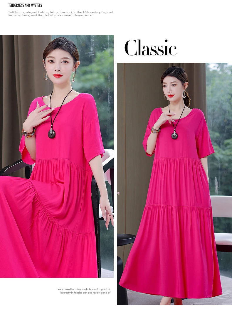 New Fashion 2023 Causal Summer Dresses For Women Loose Solid Long O-neck Dress Vintage Short Sleeve Womens Clothing