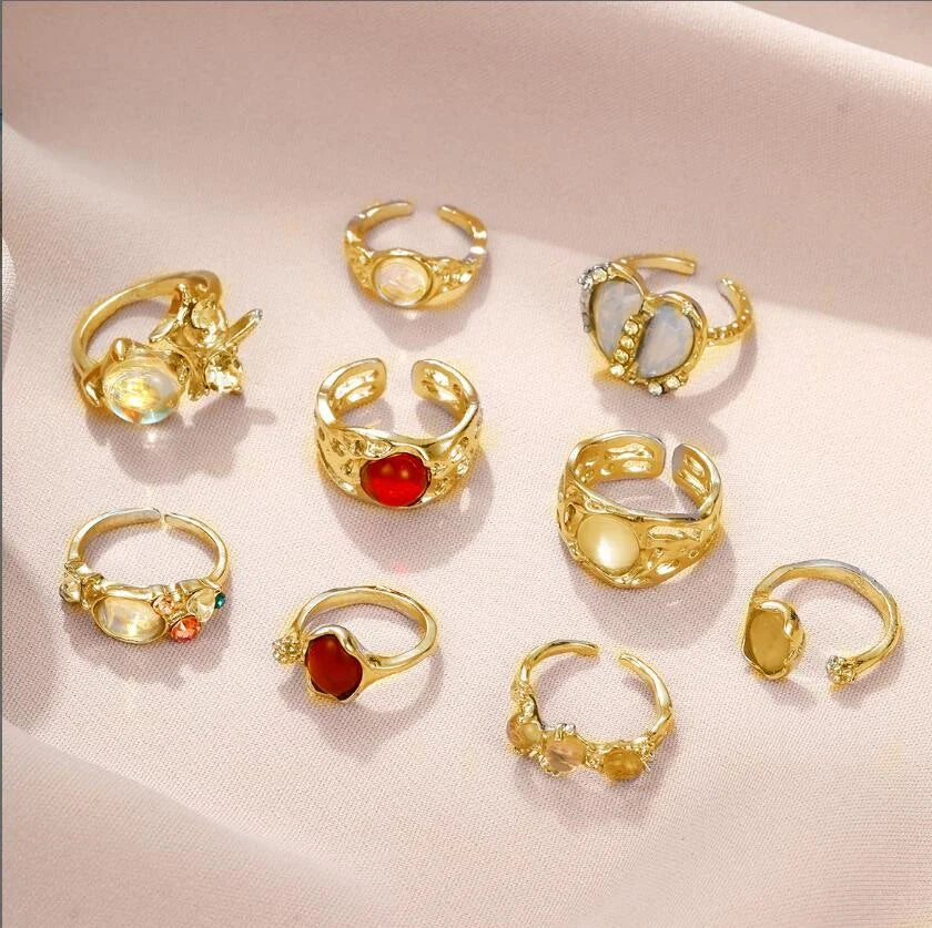 9 Pcs Y2K Crystal Ring Set - Adjustable Heart Zinc Alloy Rings