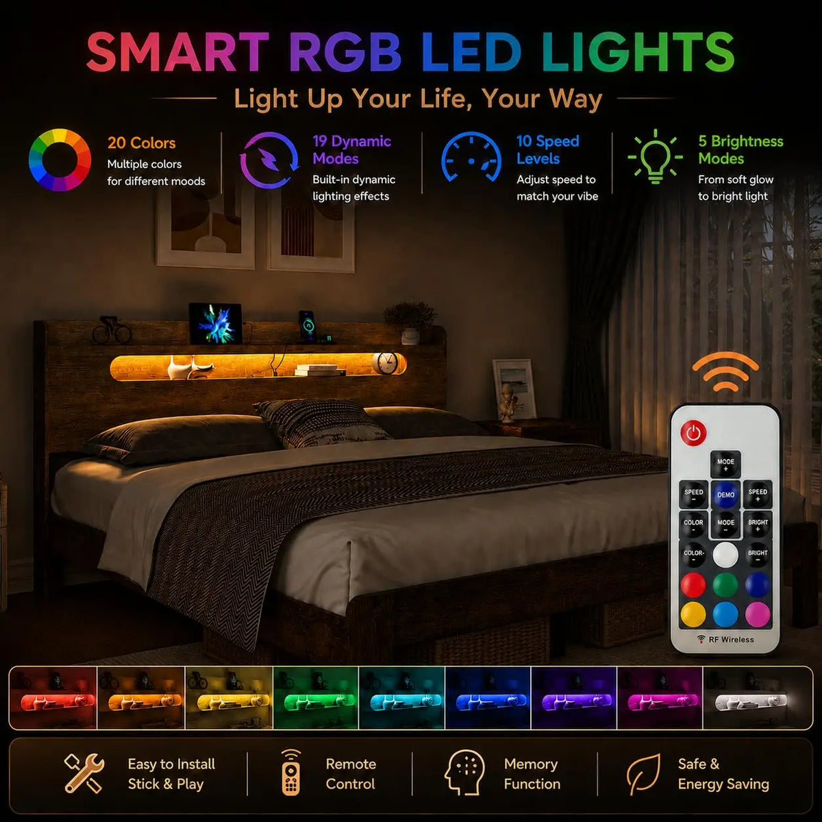 Queen Bed Frame 2-Tier Shelf Headboard Walnut LED Lights Charging Station Rustic Platform Wood Slat No Box Spring, Customized
