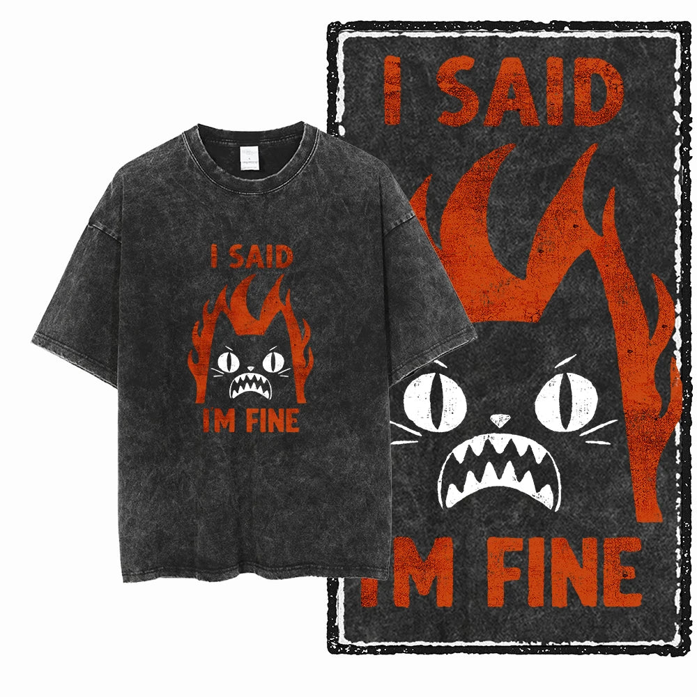 Coolmind Db Cat Printed Acid Washed Cotton T Shirt Unisex Exclusive Graphic Streetwear Tee For Men Big Size