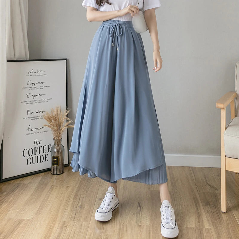Summer Elastic Pleated Skirt Women Chiffon Trouser Skirt High Waist Casual Wide Leg Pants Fashion Streetwear Pants Pantalones