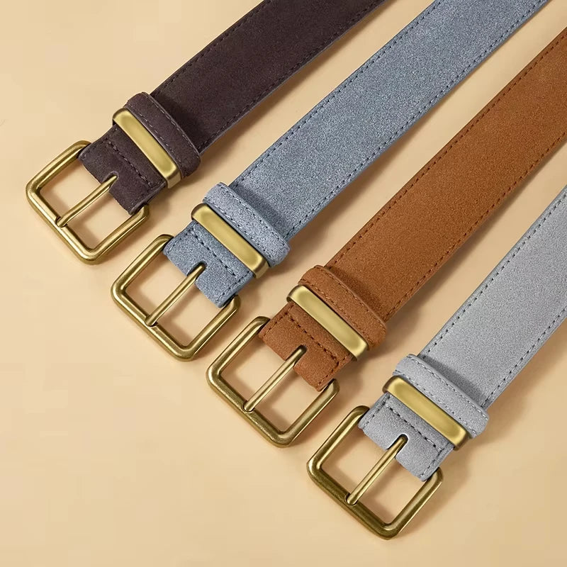 Luxury Suede Cowhide Leather Belt for Women, Vintage Style with Gold Buckle, 3.5cm Wide Waistband for Dresses & Jeans