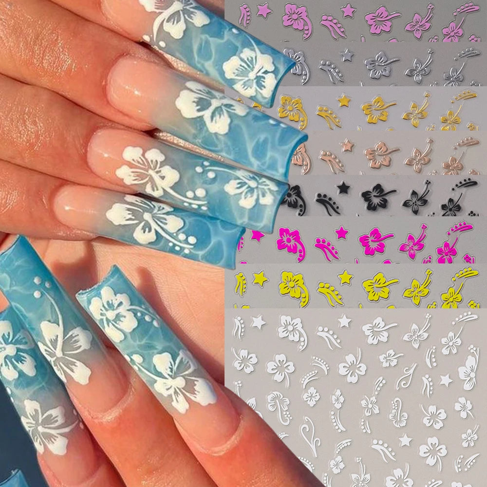 1 pieza 3D pegatinas de hibisco para uñas, flores blancas y negras, pétalos, calcomanías adhesivas, deslizadores florales rosas y dorados para decoración de uñas