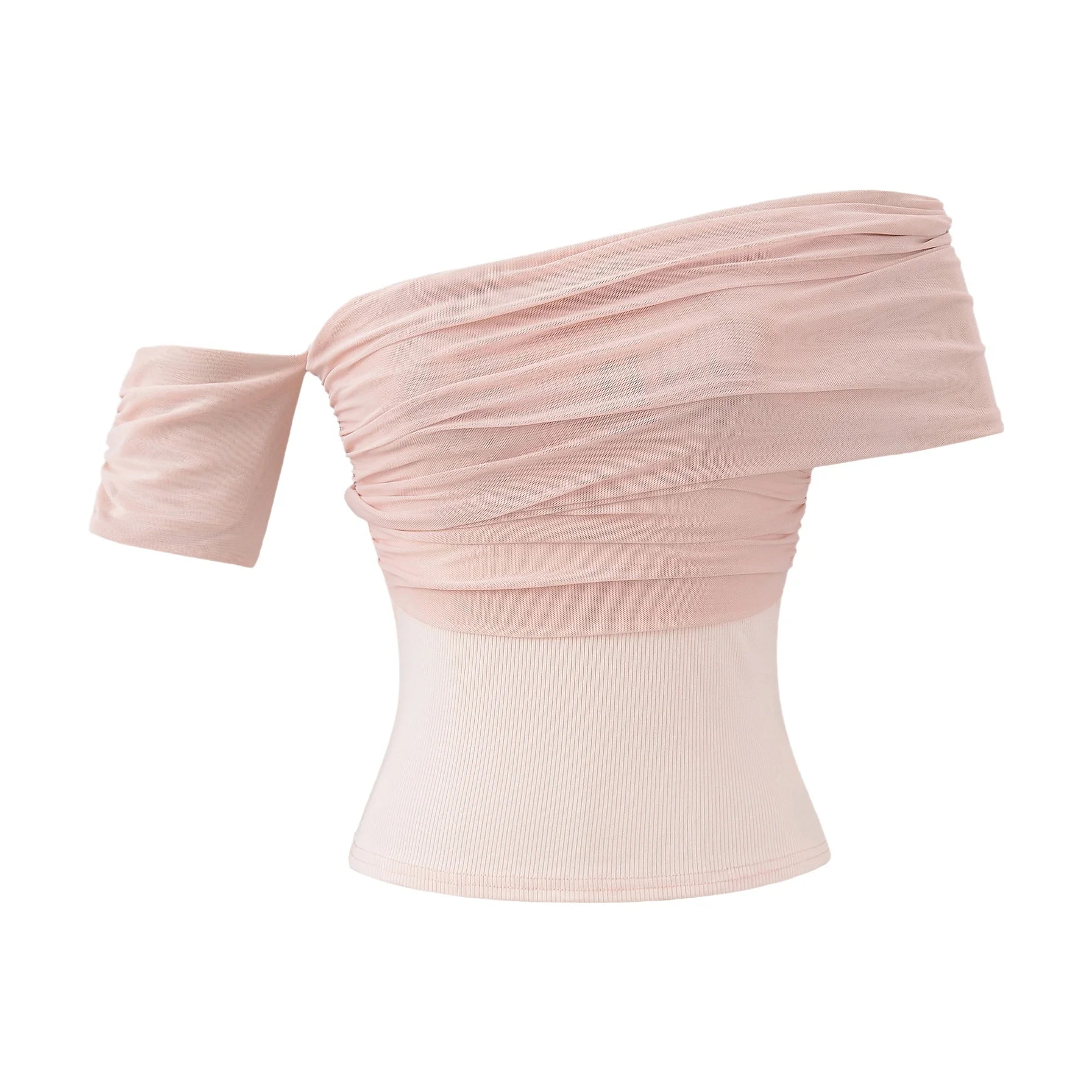 Design Sensation Shoulder Bared Short Sleeve T Shirt Women 2025 Summer Style Elegant Spicy Net Splicing Slim Fit Top