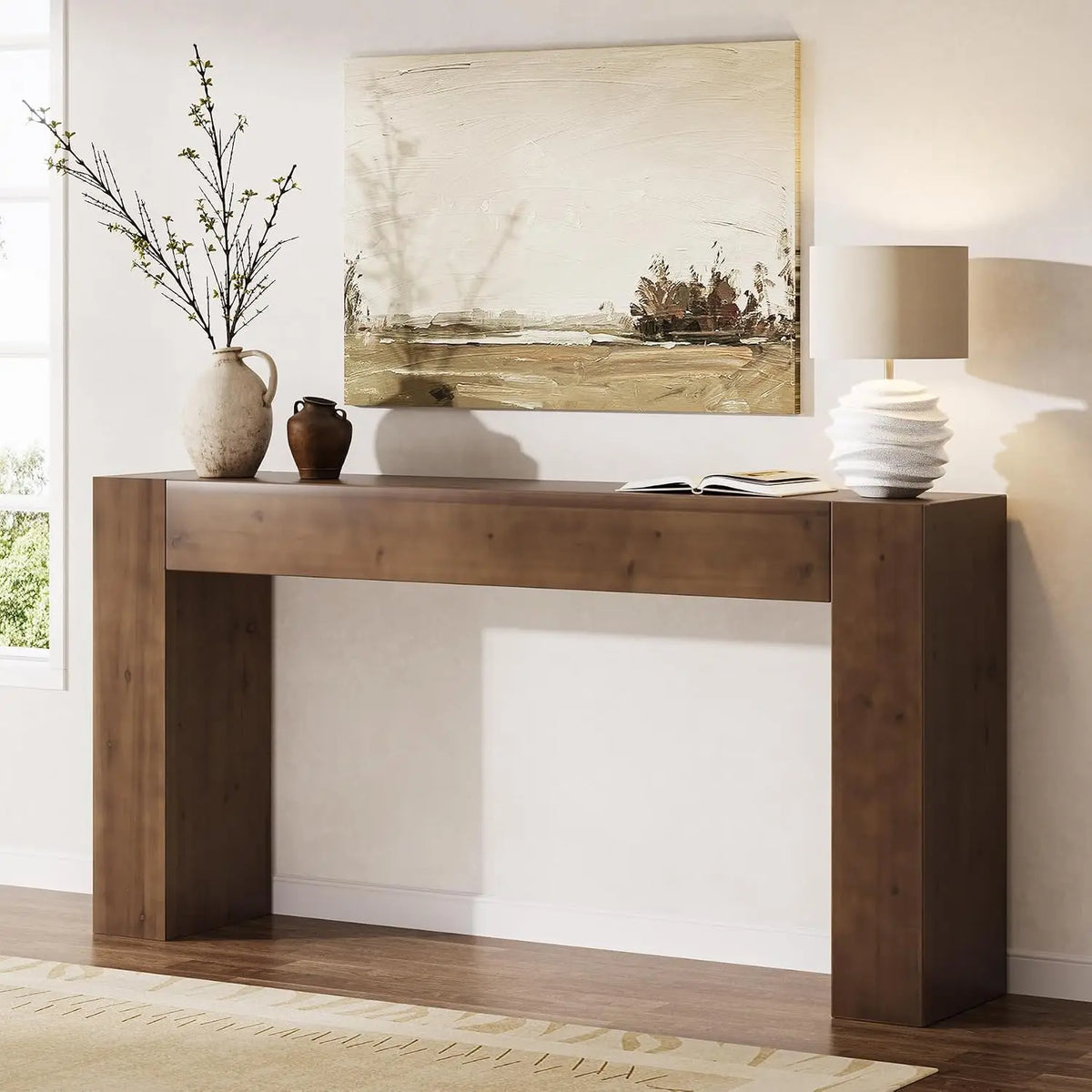 Solid Wood Console Table, 63in Farmhouse Sofa Table for Entryway, Living Room, Easy Assembly, Walnut
