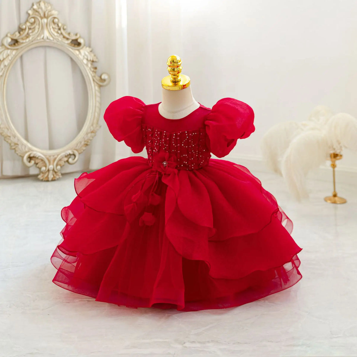 HETISO New Beauty Pageant Dress For Baby Toddler Girl Beading Puff Sleeve Kids Birthday First Christmas Ball Gown 1-4 Years