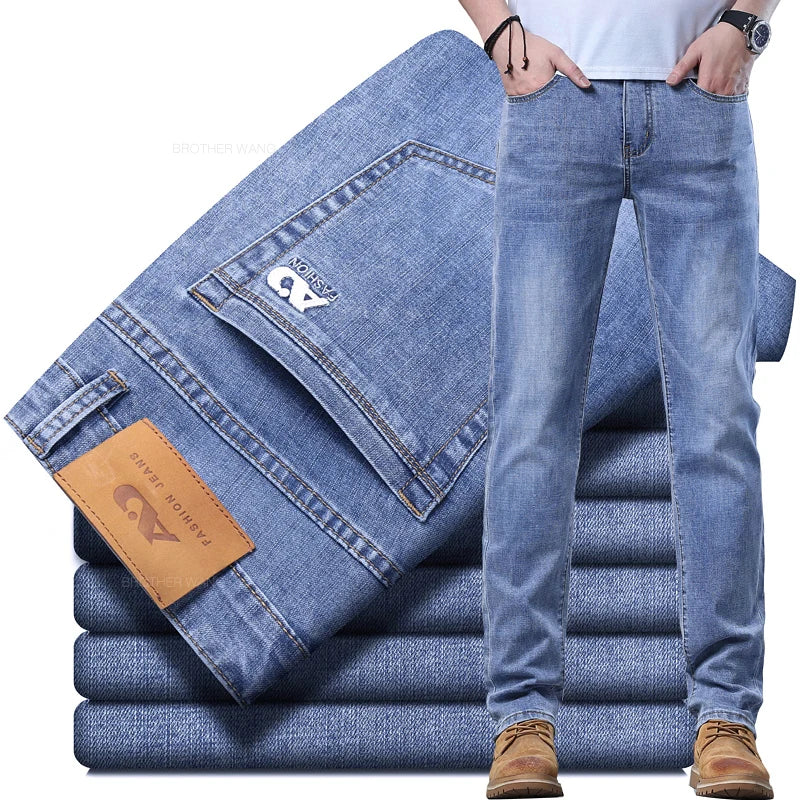 Spring Men'S Light Blue Slim Jeans Stylish Casual Stretch Fabric Denim Pants Classic Trousers Smoke Gray