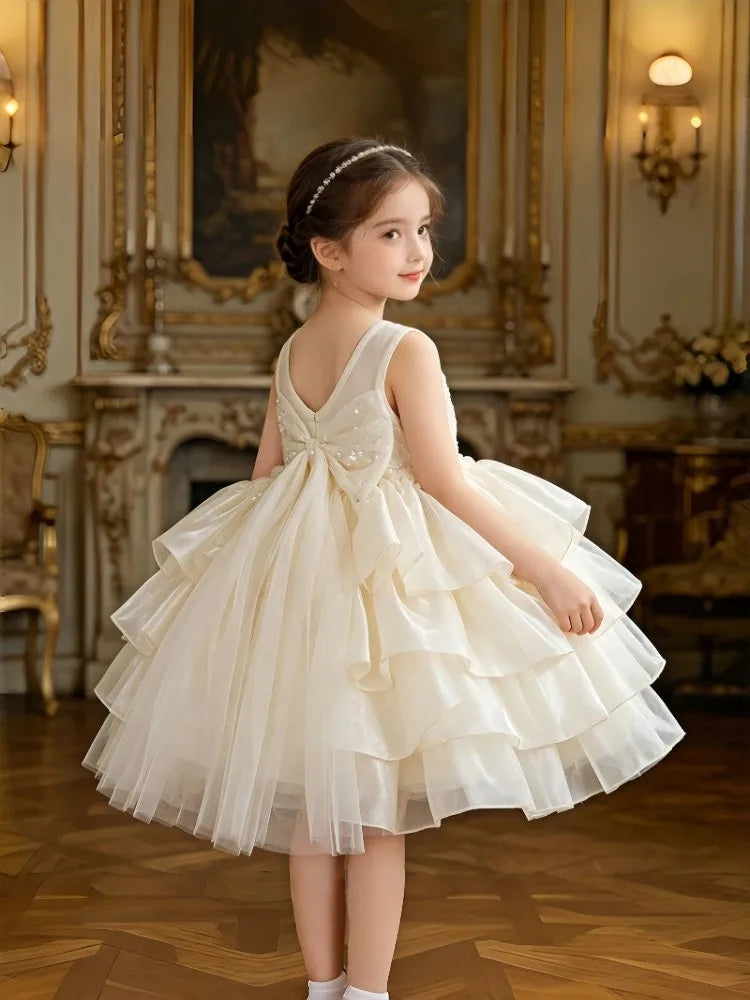 Girls Dress Temperament Princess Dress Sleeveless 2026 Summer New Girls Sequin Sweet Bow Puff Mesh Dress