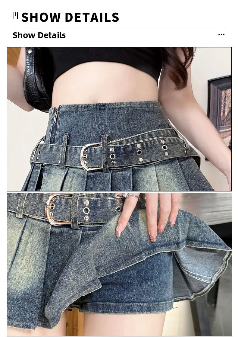 High Waist A-Line  Skirt Women's Denim Pleated Half Body Summer New Style Comfortable Soft Korean Version City Commute