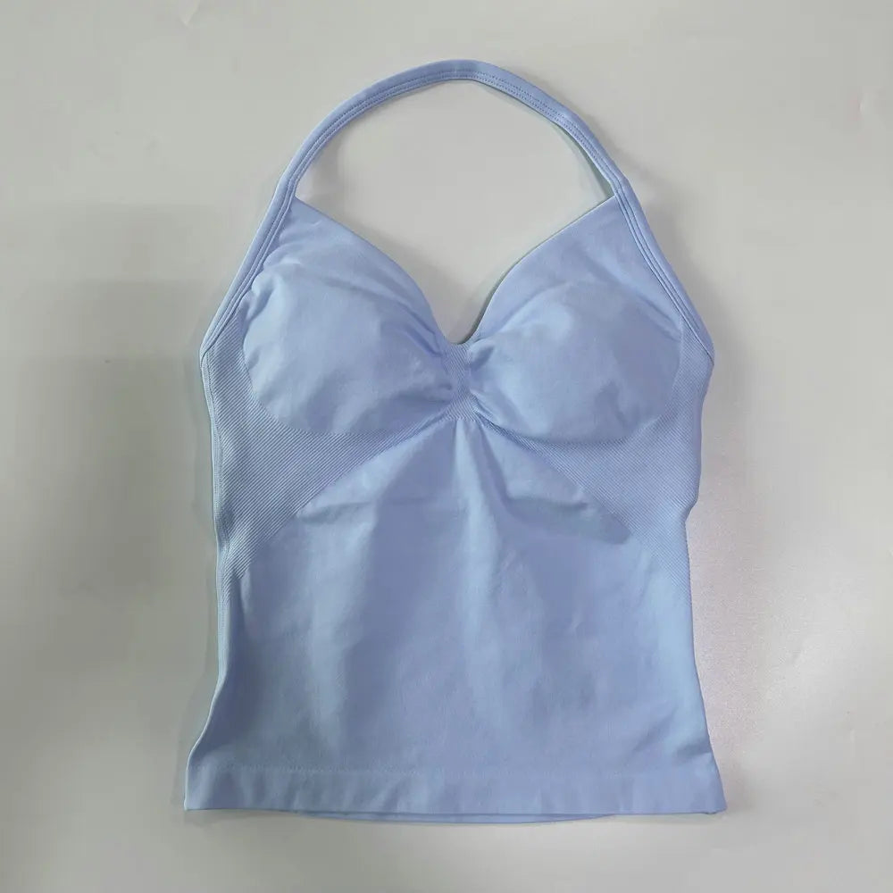 No Logo Longline Strappy Top Women Seamless Yoga Tank Tops Buit-in Bra Ruched Backless Gym Clothes Sleeveless Shirt Workout Top