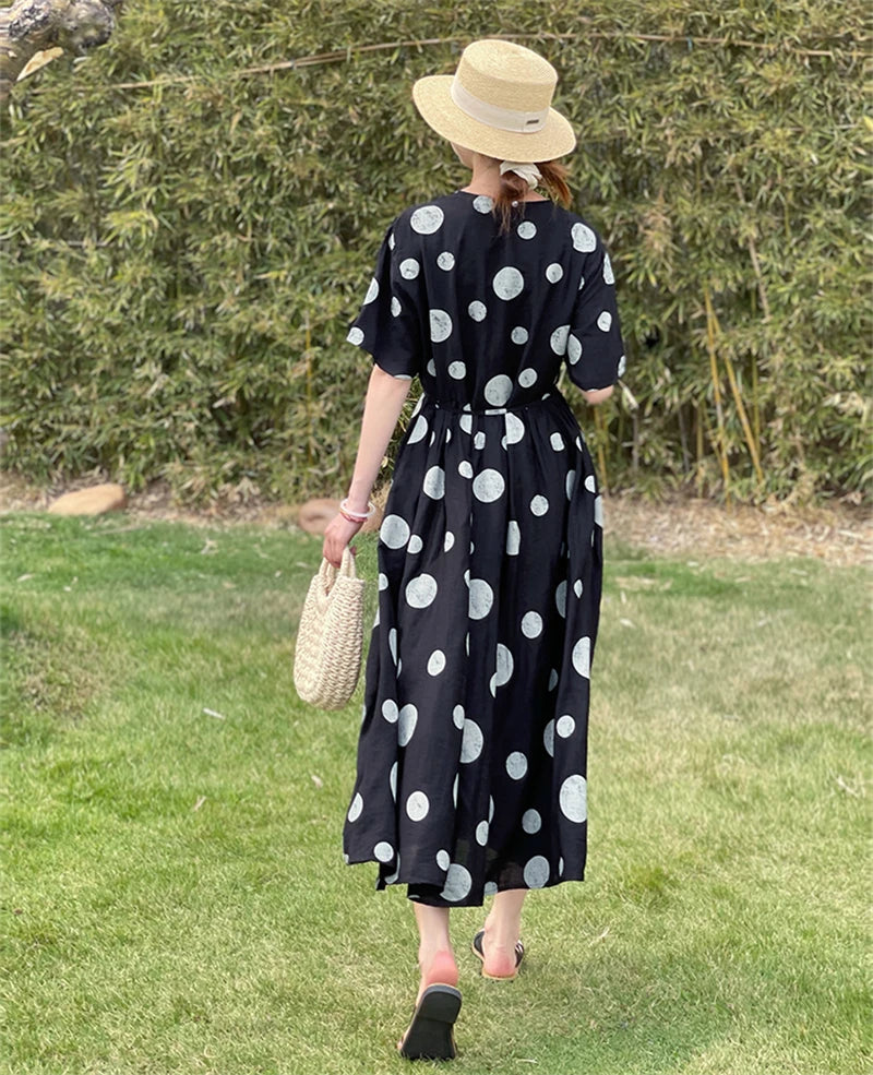 Summer Cotton Vintage Casual Loose Black Dresses For Women Short Sleeve Polka Dot Dress Femme Robe Vestidos Elegant Long Clothes