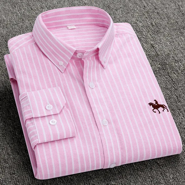 Premium Pure Cotton Oxford Shirt For Men Long Sleeve With Embroidered Horse Design Regular Fit White Dress Shirt