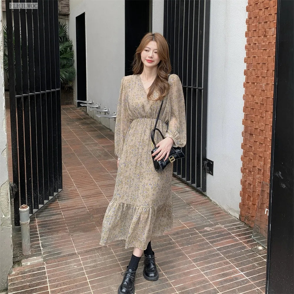Chic Korean Clothes Design 2022 Autumn Spring Womens V Neck Elegant Lady Floral Printed Retro Vintage Long Maxi Dress