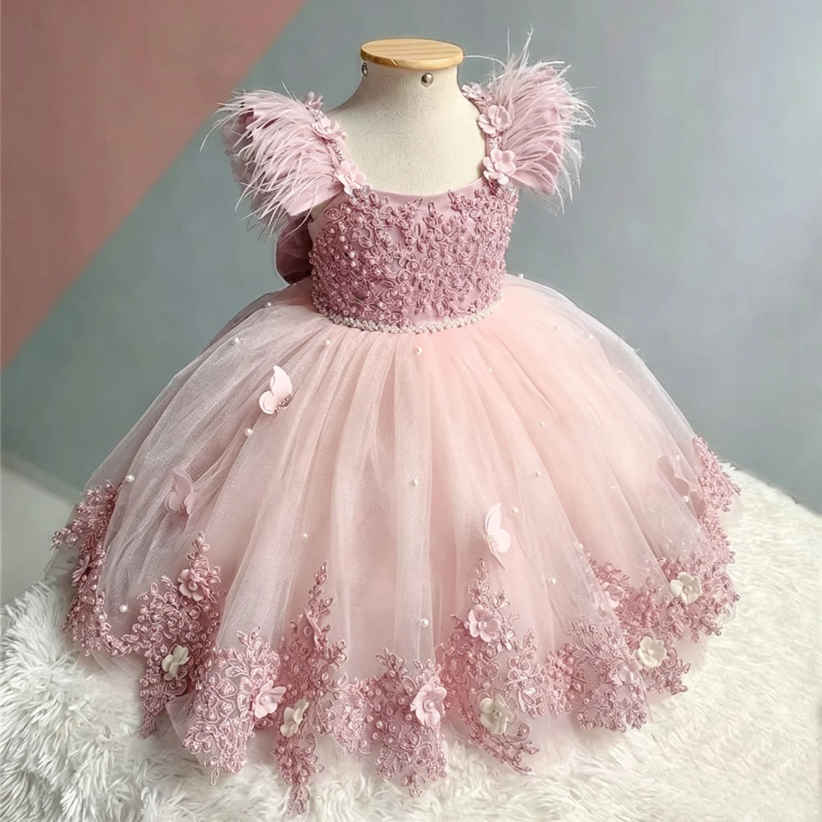 Girl Baby Tulle Fluffy Dress 3D Butterfly Pearl Feather Puffy Ball Gown Flower Girl Dresses for Wedding Birthday Party Pageant
