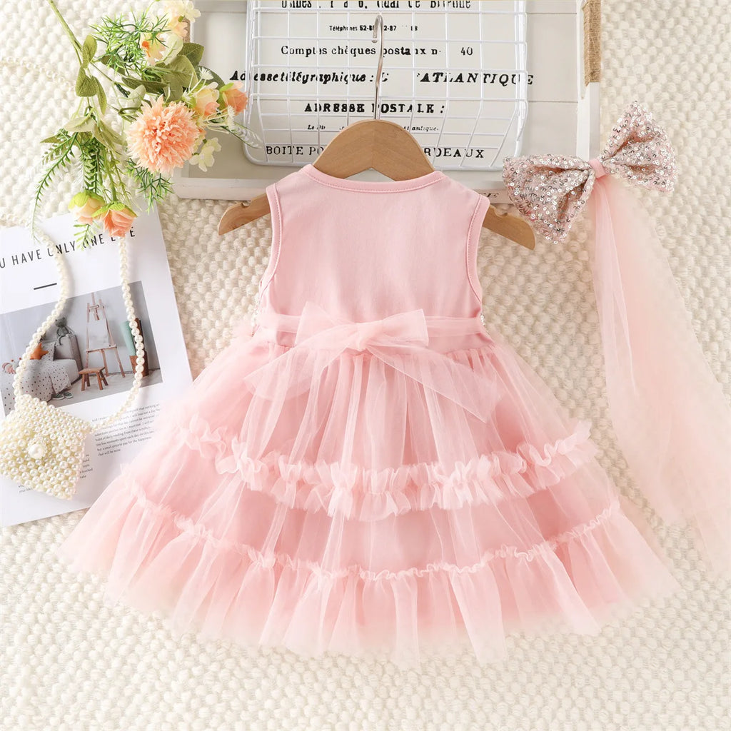 2026 New Summer 1-5Y Childrens Dress Sequin Tulle Sleeveless Girls Dress with Bow Decorations and Matching Sequin Veil
