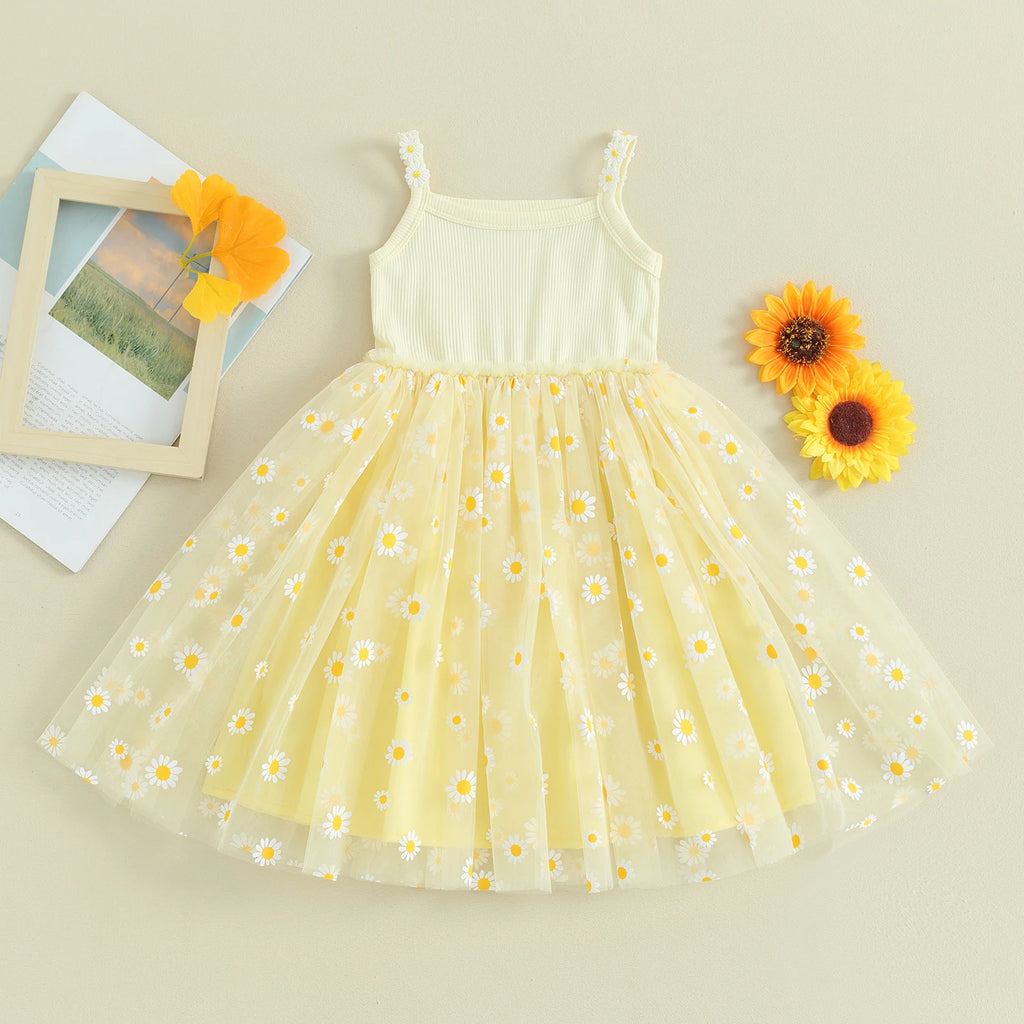 Baby Girls Daisy Mesh Patchwork Princess Dress A Line Sleeveless Lightweight Breathable Beach Party