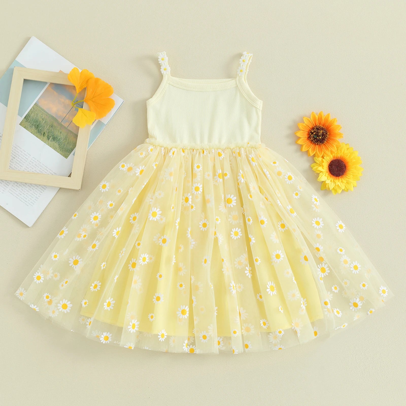 Baby Girls Daisy Mesh Patchwork Princess Dress A Line Sleeveless Lightweight Breathable Beach Party