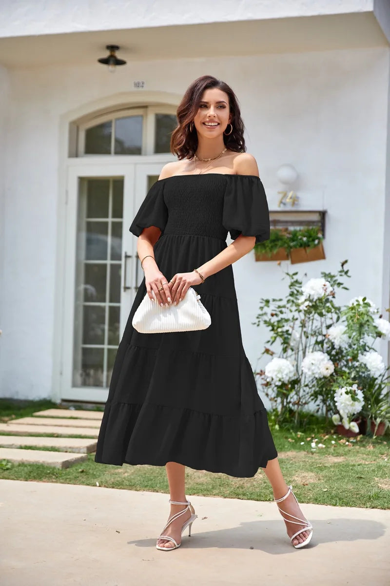 2026 Spring Summer Elegant Women's Long Dress Fashionable Solid Color Square Neck Puff Sleeve Pleated Slim Fit Loose Hem Dress