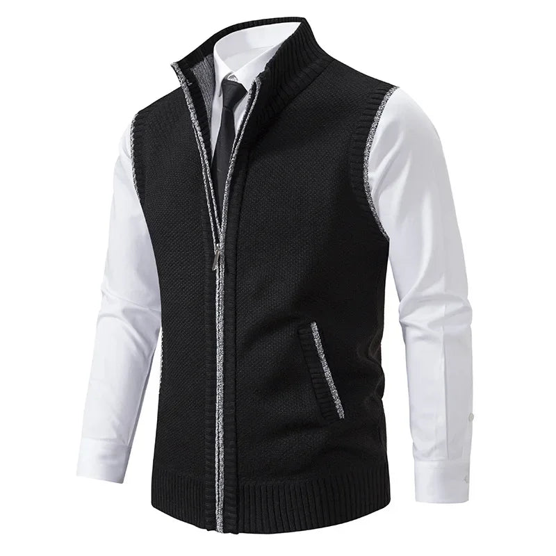 Men'S Knitted Sleeveless Sweater Cardigan Zipper Sweater Vest Casual Sleeveless Warm Jacket Slim Fit Stand Collar Sweatercoat