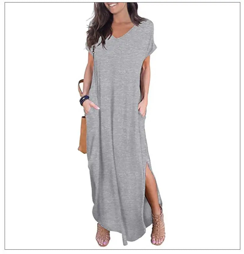 Women's Casual Maxi Dress V Neck Short Sleeve Dresses Loose Fit Long Dress with Pockets Side Slit Outfit Home Casual Daily Wear