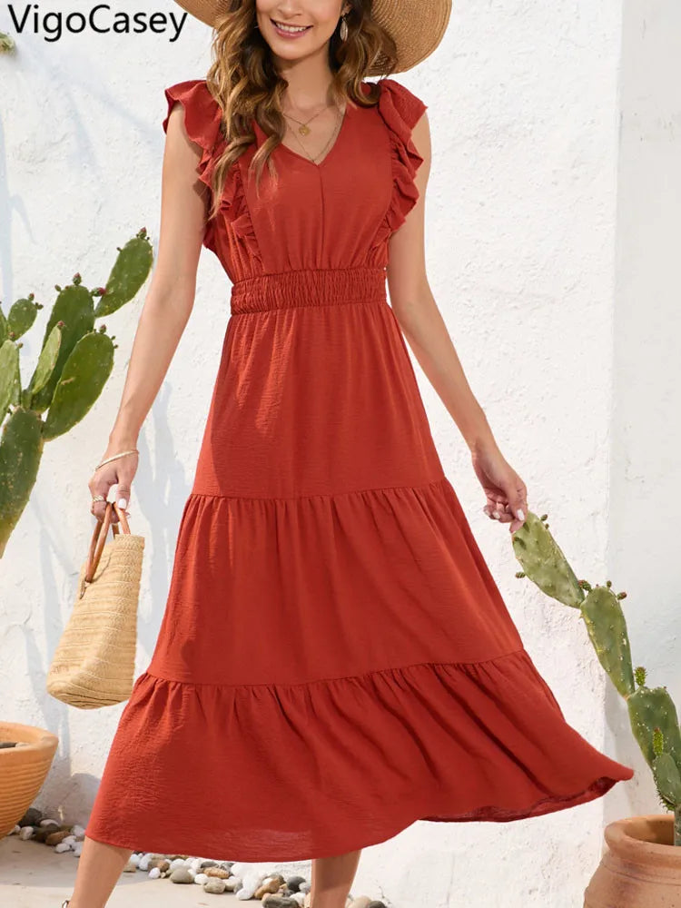 VigoCasey 2026 Summer Female Solid Long Dress Women Sexy Ruffle Sleeveless V Neck Long Dress Lady Casual High Waist Dresses