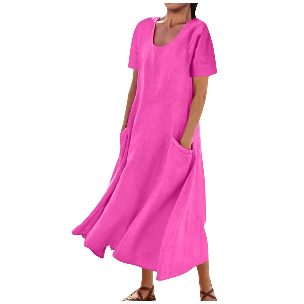 Women Solid Cotton Linen Round Neck Short Sleeve Loose Flowy Maxi Dress EU US Gown