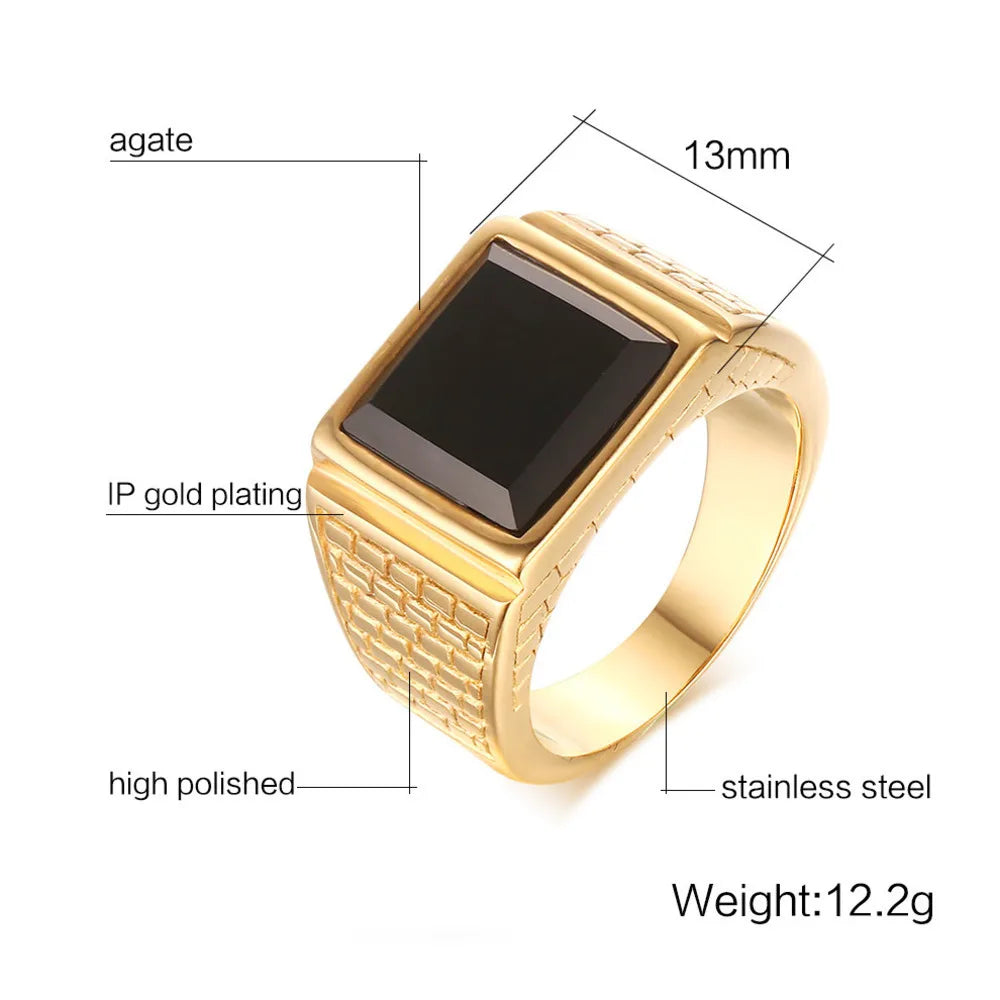 Punk Gold Plated Rings for Men,Black Geometric Square Stone Signet Ring,Male Chunky Thumb Ring