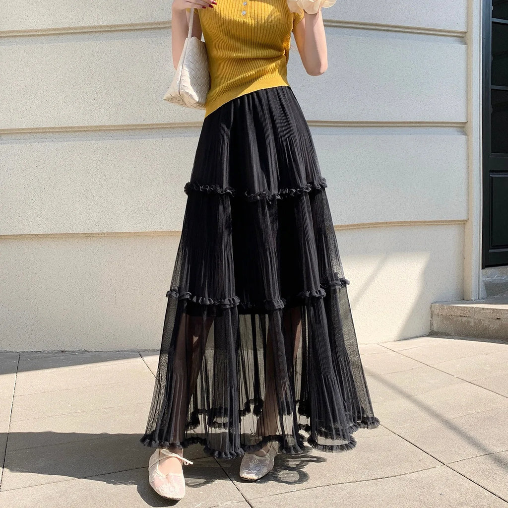 Sweet Pleated Half Skirt Korean Style Holiday Photo Long Atmosphere Spring Summer Cotton Blend Polyester Fiber Midi Skirt
