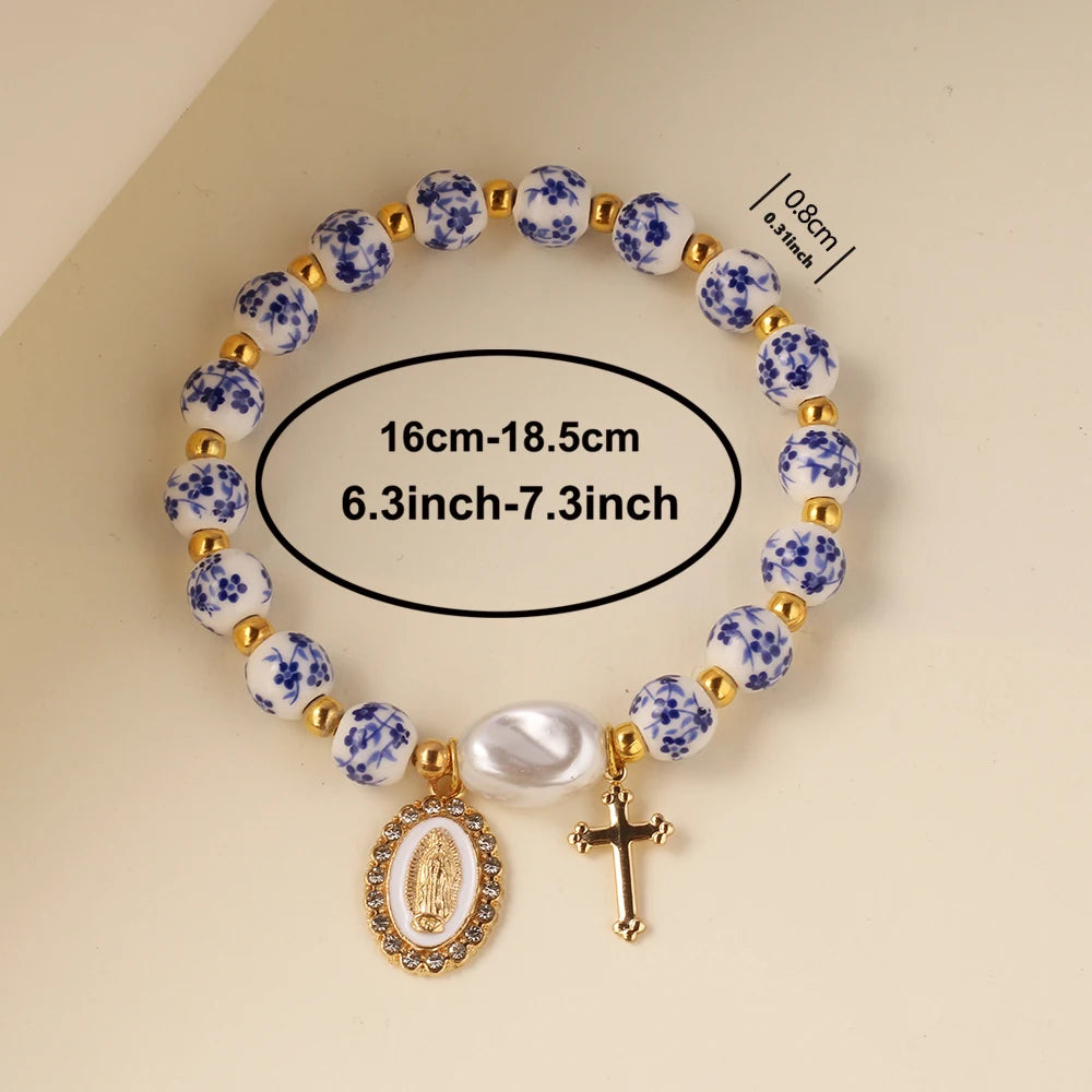 jesus Cross bracelet women men blue white porcelain Ceramics beads Ascension day western wear pulseras spring summer jewelry