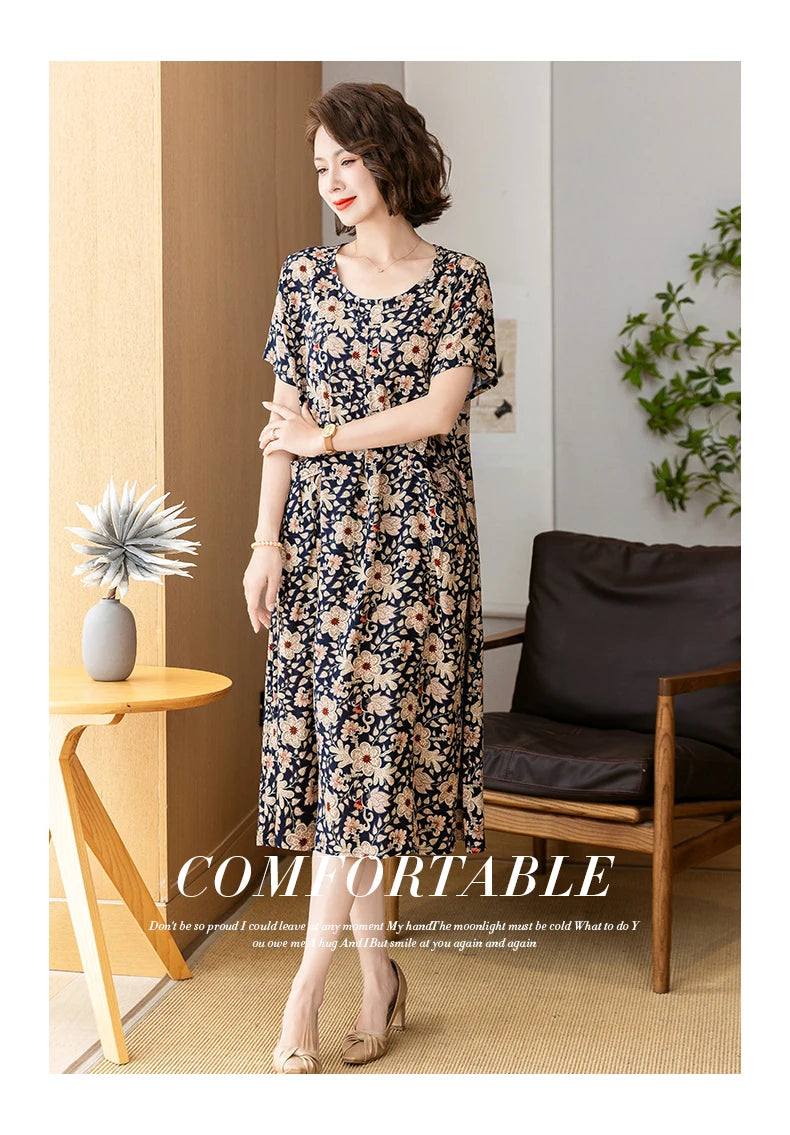 New 2025 Summer Dress Long Vintage Loose Women Elegant Sundress Dress Casual O-neck Dresses Print Plus Size