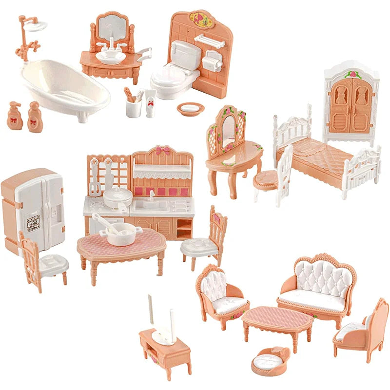 Dollhouse Furniture Set Accessories Doll House Mini Furniture Pretend Play Bedroom Living Room Bathroom Kitchen Kids Birthday