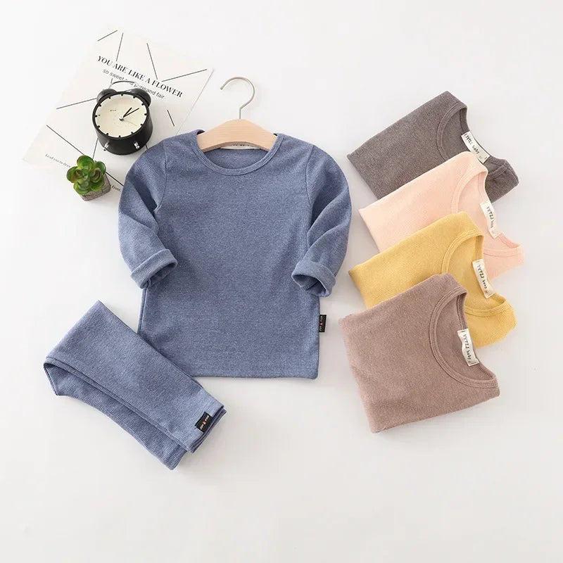 Kids Unisex Ribbed Cotton Pajama Set - Long Sleeve Pullover & Pants